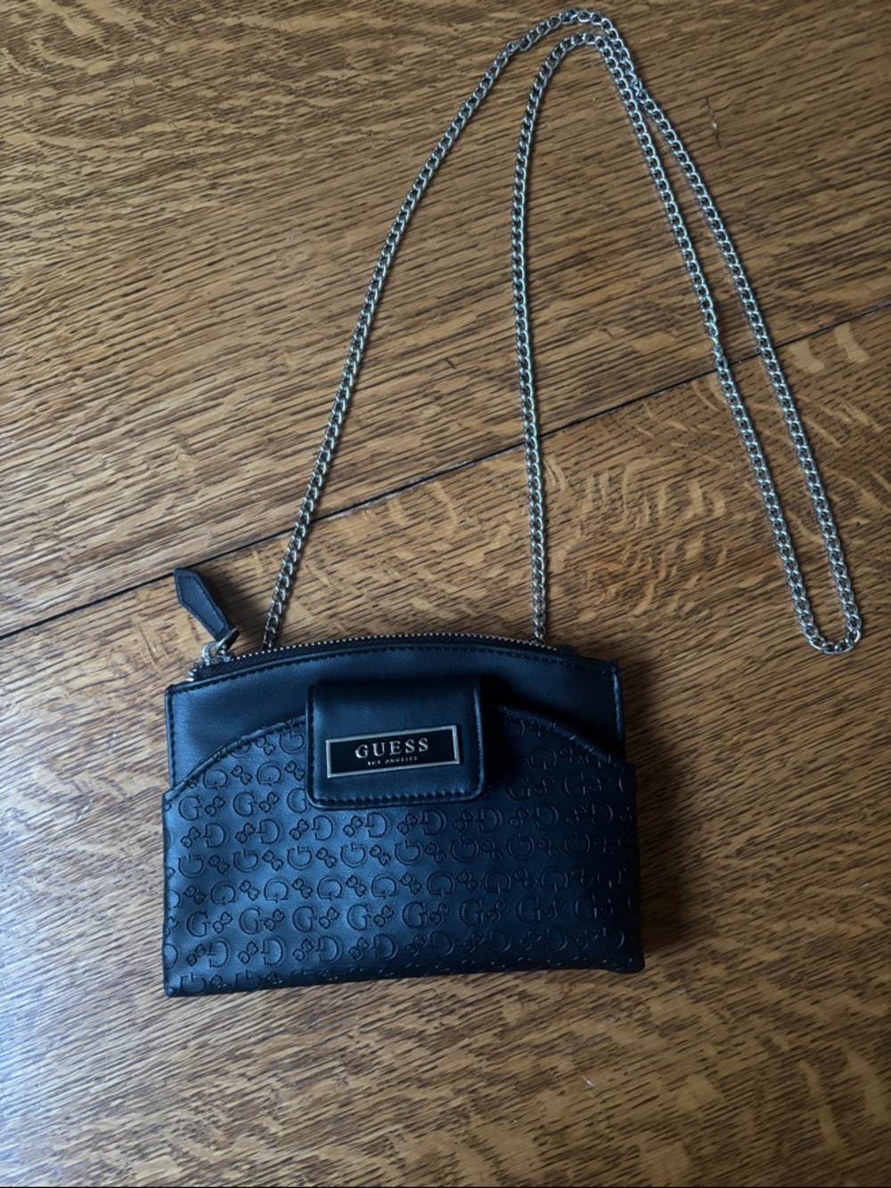GUESS Black Logo-Embossed Crossbody with Silver Chain